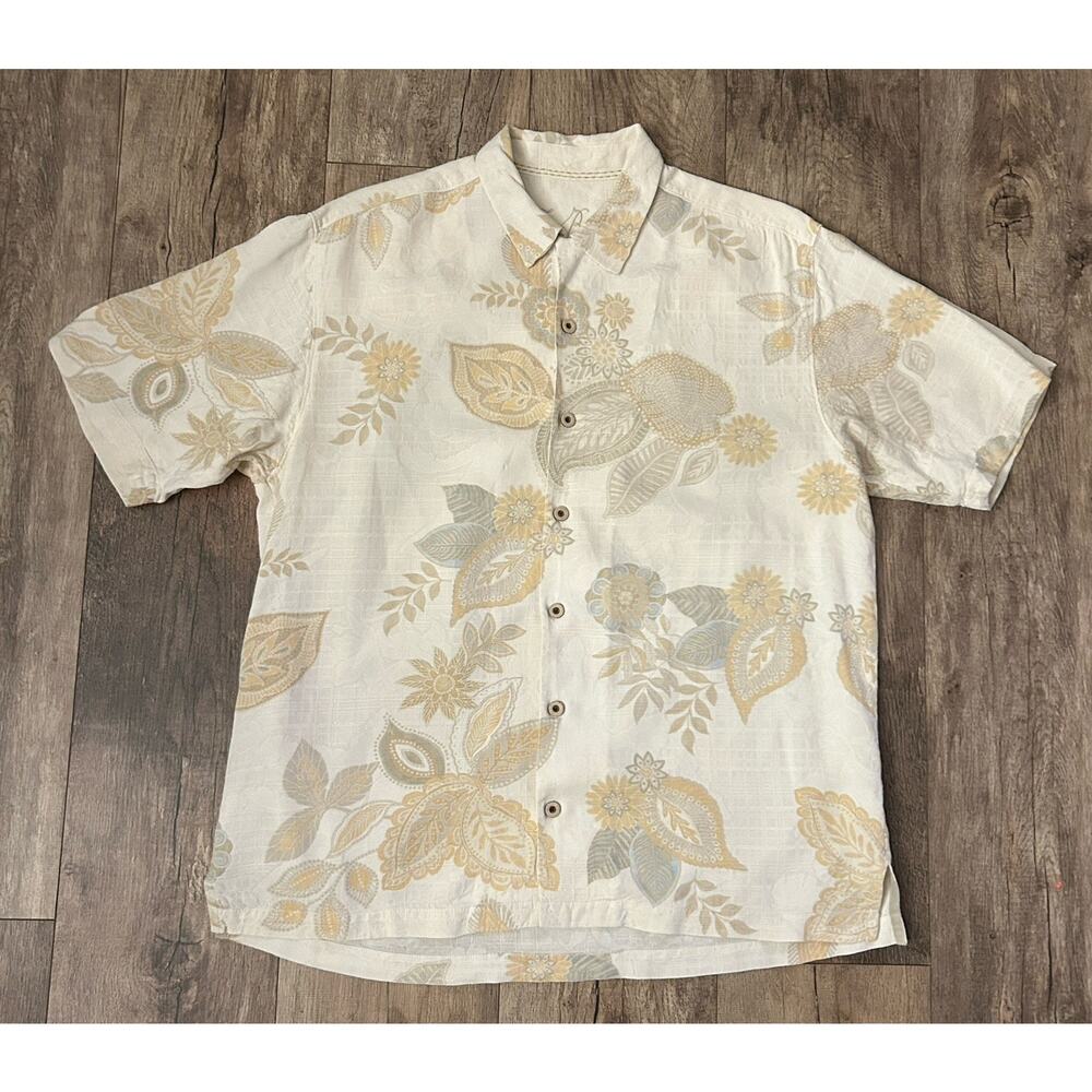 Tommy Bahama Men’s Silk Beige Neutral Floral Button Down Hawaiian Camp Shirt L
